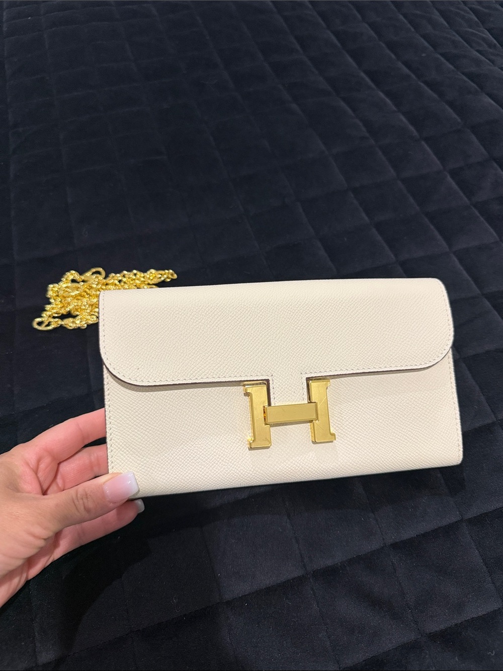 Elegant Cream Chain Wallet with Gold Hardware